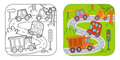 Coloring book or Coloring page for kids. Car vector illustration clipart. Nature background.