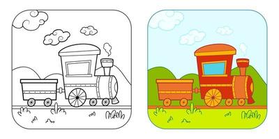 Coloring book or Coloring page for kids. Train vector illustration clipart. Nature background.