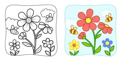 Coloring book or Coloring page for kids. Flower and bees vector illustration clipart. Nature background.