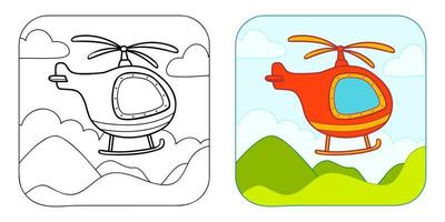 Coloring book or Coloring page for kids. Helicopter vector illustration clipart. Nature background.