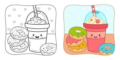 Coloring book or Coloring page for kids. Donuts and drink vector illustration clipart. Nature background.