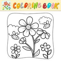Coloring book or Coloring page for kids. Flower and bees black and white vector illustration. Nature background