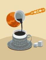Editable Three-Quarter Top View of Pouring Turkish Coffee from Cezve Pot into Fincan Cup Vector Illustration for Cafe and Ottoman Culture Tradition or History Related Projects