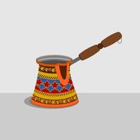 Editable Traditional Cezve Turkish Coffee Pot Brewing Equipment Vector Illustration with Wooden Handle and Detailed Colorful Pattern for Cafe and Ottoman Turkish Culture Tradition Related Projects