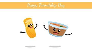 Happy Friendship Day India, South Indian food dosa with sambhar cute character vector on white background.