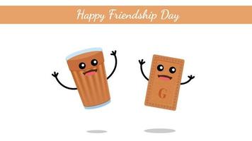 Happy Friendship Day India, A glass of tea and a biscuit cute character vector on white background.