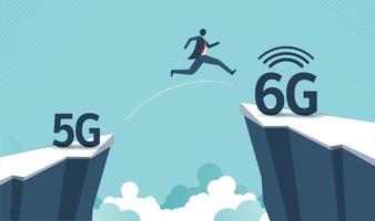 Technology transformation change from 5G to 6G by businessman jumping from 5G cliff to 6G cliff on blue sky. connection and internet network concept. vector design