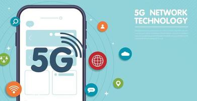 concepto de tecnología 5g. ciudad moderna y comunicación concepto de conexión de red 6g con teléfono inteligente. Internet móvil de alta velocidad, redes de nueva generación. medios mixtos diseño vectorial vector