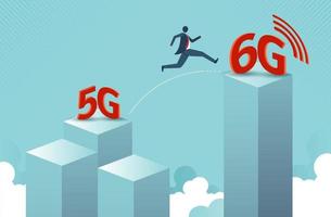 Technology transformation change from 5G to 6G by businessman jumping from 5G building to 6G building on blue sky. connection and internet network concept. vector design