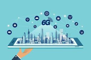 concepto de tecnología 6g. ciudad moderna y comunicación concepto de conexión de red 6g con teléfono inteligente. Internet móvil de alta velocidad, redes de nueva generación. medios mixtos diseño vectorial vector