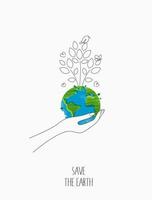 Environmentally friendly concept. eco with the globe, world map and hands for saving environment, save clean green planet, ecology concept. card for world earth day.  vector design