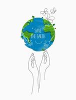 Environmentally friendly concept. eco with the globe, world map and hands for saving environment, save clean green planet, ecology concept. card for world earth day.  vector design