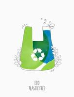 Plastic free ecological. NO to plastic and polyethylene bags with green sprout and leaves. environment earth day on nature field grass forest conservation concept. vector design