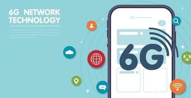 concepto de tecnología 6g. ciudad moderna y comunicación concepto de conexión de red 6g con teléfono inteligente. Internet móvil de alta velocidad, redes de nueva generación. medios mixtos diseño vectorial vector