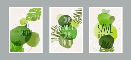 Set of happy earth day posters and leaves saving the planet. environment earth day on nature field grass forest conservation concept art or abstract. vector design