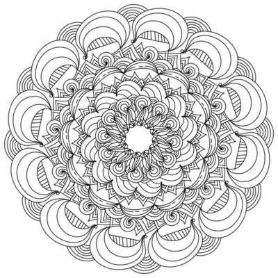 Antistress mandala coloring page with wide arches and curls, zen doodle patterns in the shape of a round frame