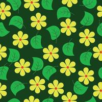 Green leaves and yellow flowers seamless pattern, cute plants on dark green background vector