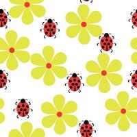 Ladybugs and yellow flowers seamless pattern, cute insects and plants on white background vector