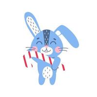 conejo con caramelo. símbolo de invierno del año 2023. mascota de año nuevo. carácter animal plano vetor, aislado sobre fondo blanco vector