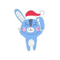 lindo conejo de navidad con sombrero de santa. símbolo de invierno del año 2023. mascota de año nuevo. carácter animal plano vetor, aislado sobre fondo blanco. vector