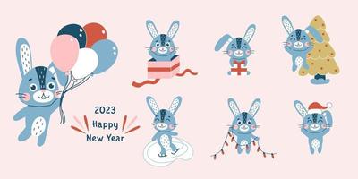 Christmas cute rabbits set. Winter hare symbol of 2023 year. New year mascot. Cute vetor flat animal character, isolated on white background. Happy Chinese New Year. vector