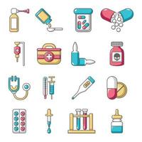 Conjunto de iconos de medicina de drogas, estilo de dibujos animados