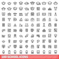 100 school icons set, outline style vector