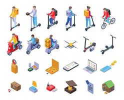 Courier on scooter icons set isometric vector. Restaurant box vector