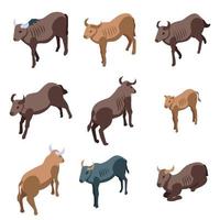 Wildebeest icons set, isometric style vector