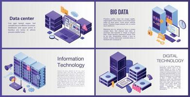 Data center server banner set, isometric style vector