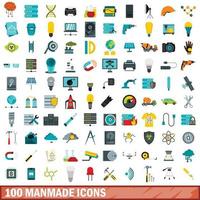 100 manmade icons set, flat style vector