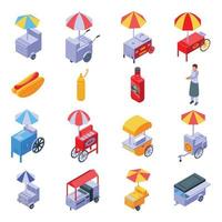 Hot dog cart icons set, isometric style vector