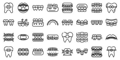 Tooth braces icons set, outline style vector