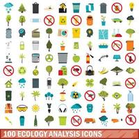 100 ecology analysis icons set, flat style vector