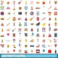 100 party icons set, cartoon style