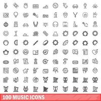 100 iconos de música, estilo de esquema vector