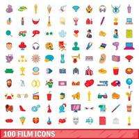 100 film icons set, cartoon style