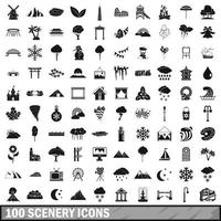 100 scenery icons set, simple style vector