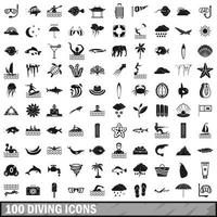 100 diving icons set, simple style vector