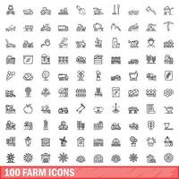 100 farm icons set, outline style vector