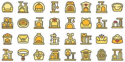 Cat house icons set outline vector. Tree tower