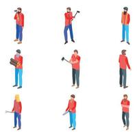 Lumberjack icons set, isometric style vector