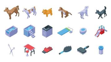 Dogs spa icons set isometric vector. Grooming shower