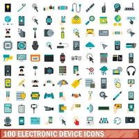 100 electronic device icons set, flat style vector