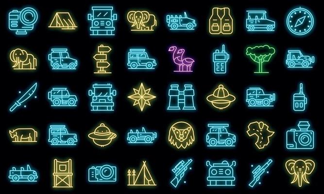 Jeep safari icons set vector neon