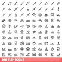 100 fish icons set, outline style vector