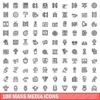 100 mass media icons set, outline style vector