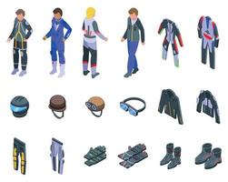conjunto de iconos de ropa de motorista vector isométrico. engranaje de la motocicleta