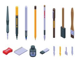 Calligraphy tools icons set, isometric style vector
