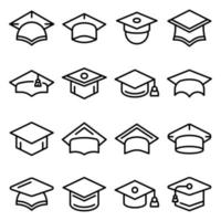 conjunto de iconos de sombrero de graduación, estilo de esquema vector